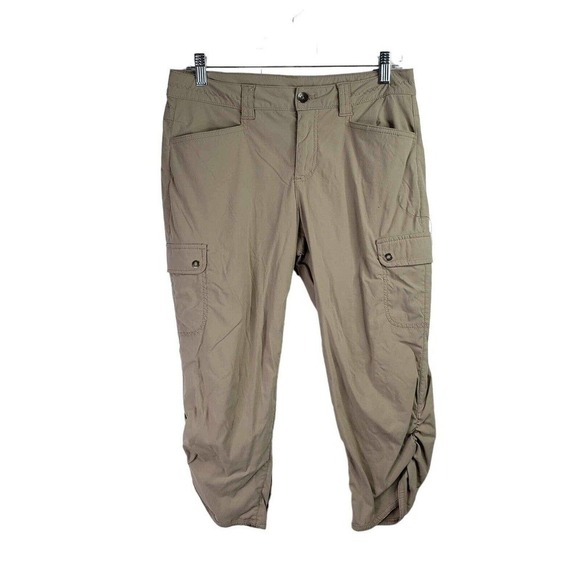 Eddie Bauer Capri Womens Travex Cargo Ruched Leg Pant Khaki Tan Size 6 Stretch - Picture 2 of 11